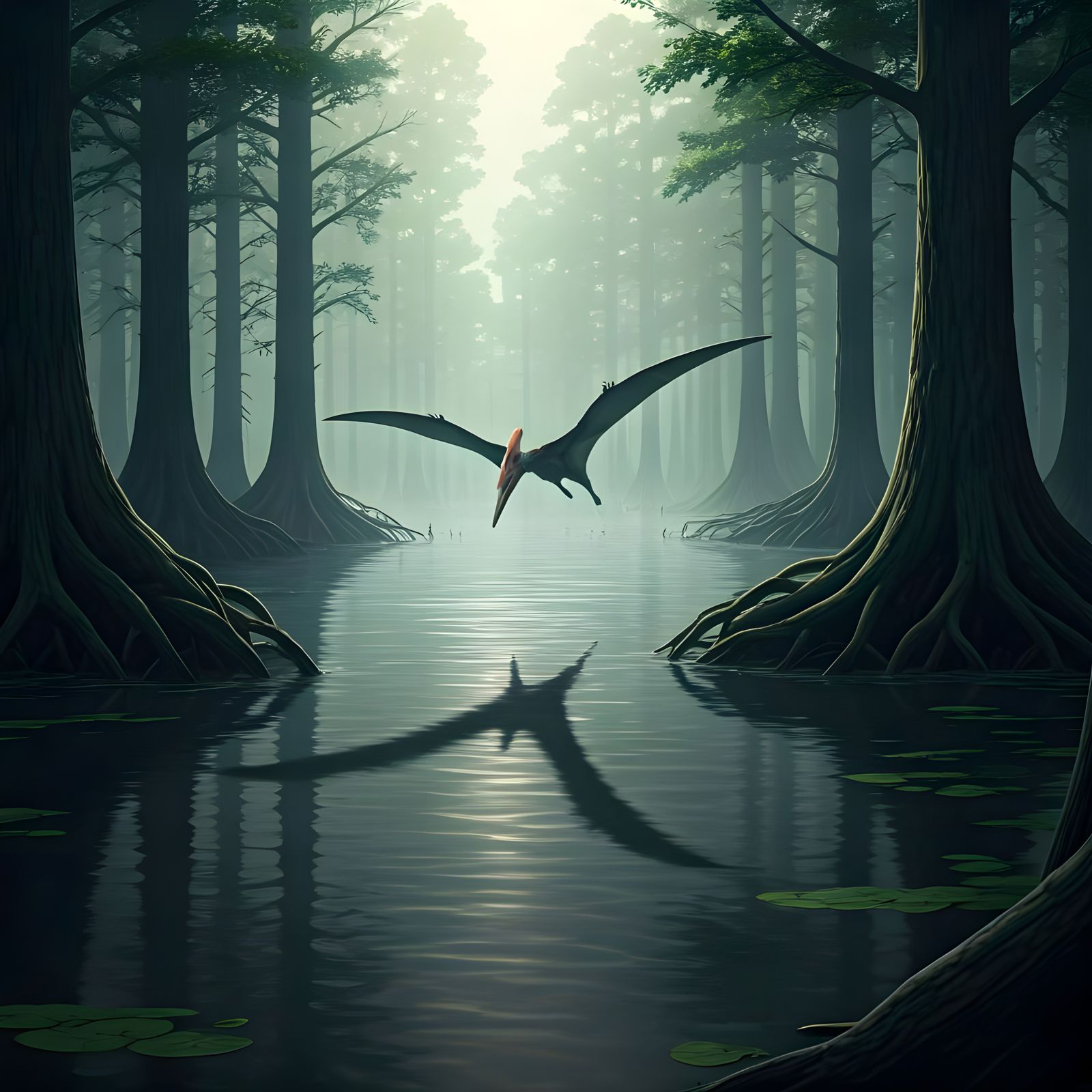 Pterodactyl Soaring Over Prehistoric Swamp in Gothic Horror ...