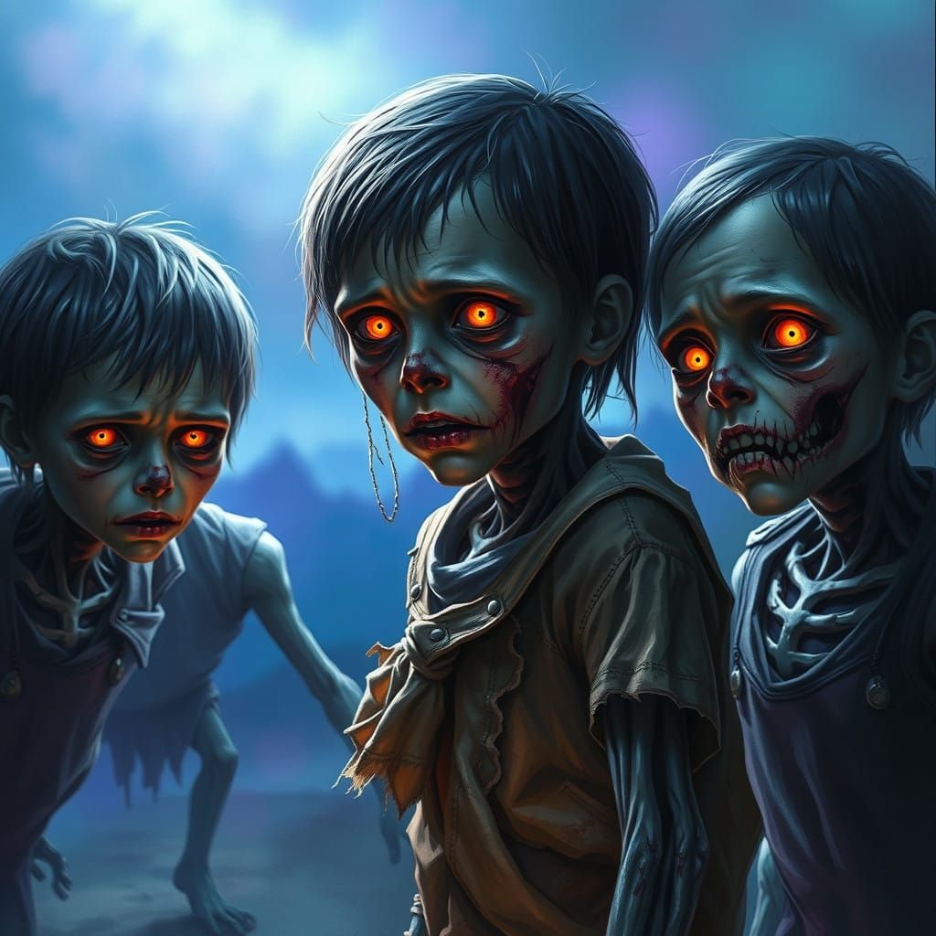 Hyperrealistic Zombie Children Amidst a Dystopian Landscape