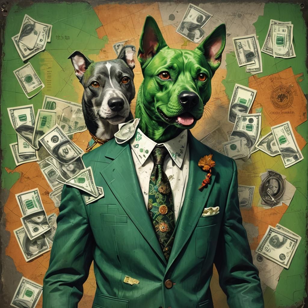 Green Dog Holding Money in Splash Art Style