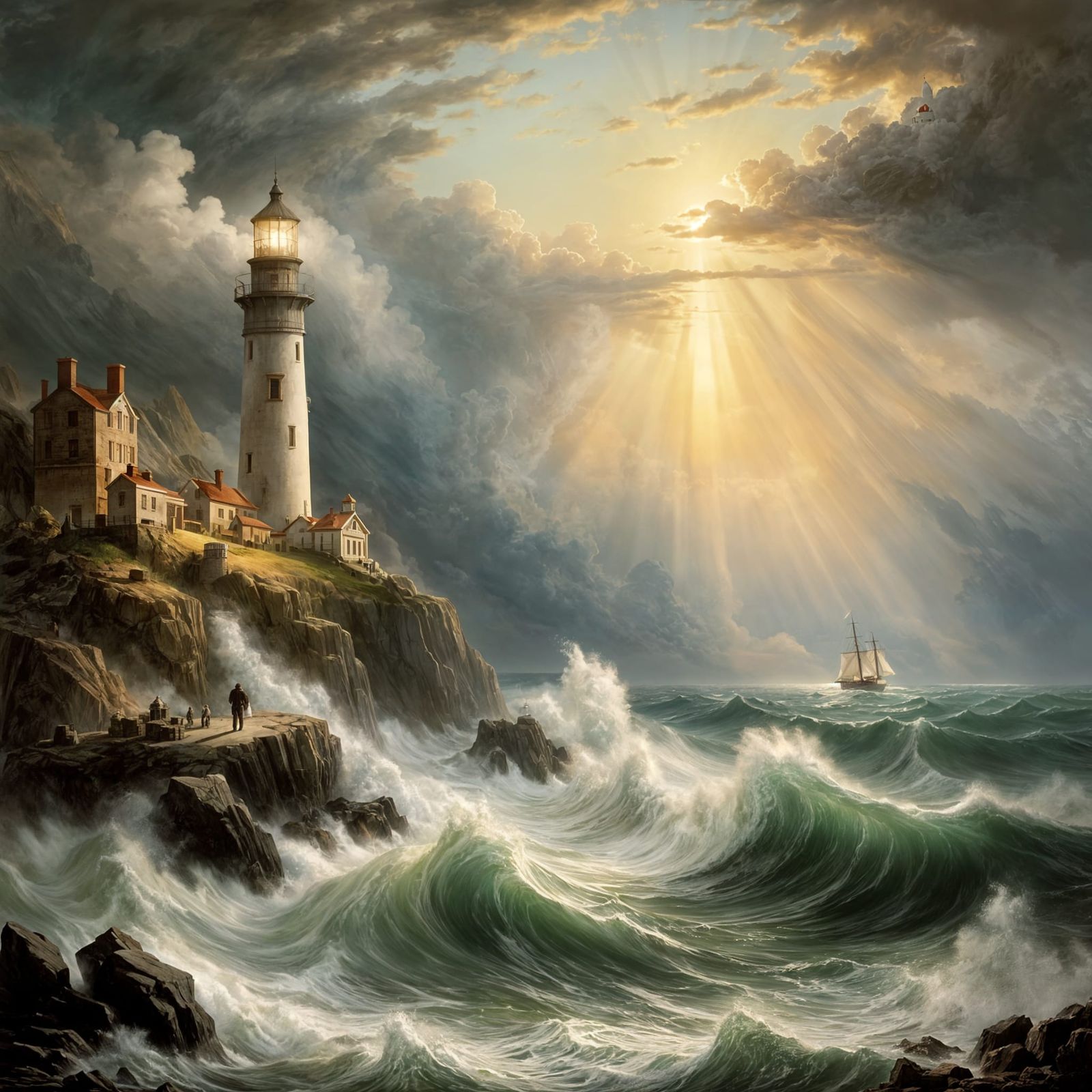 Ethereal Lighthouse Towers Above Turbulent Seascape
