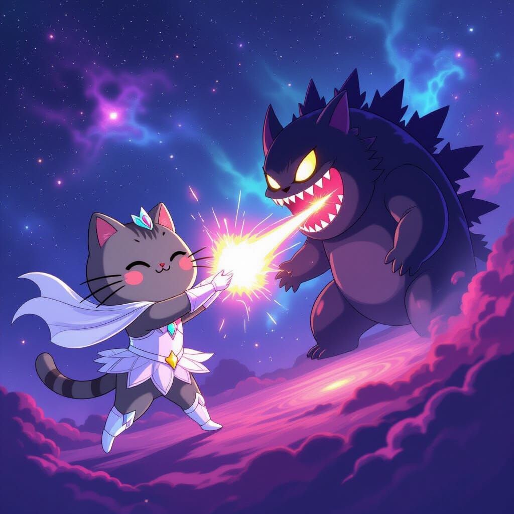 Pusheen Magical Girl Battles Cosmic Monster in Space