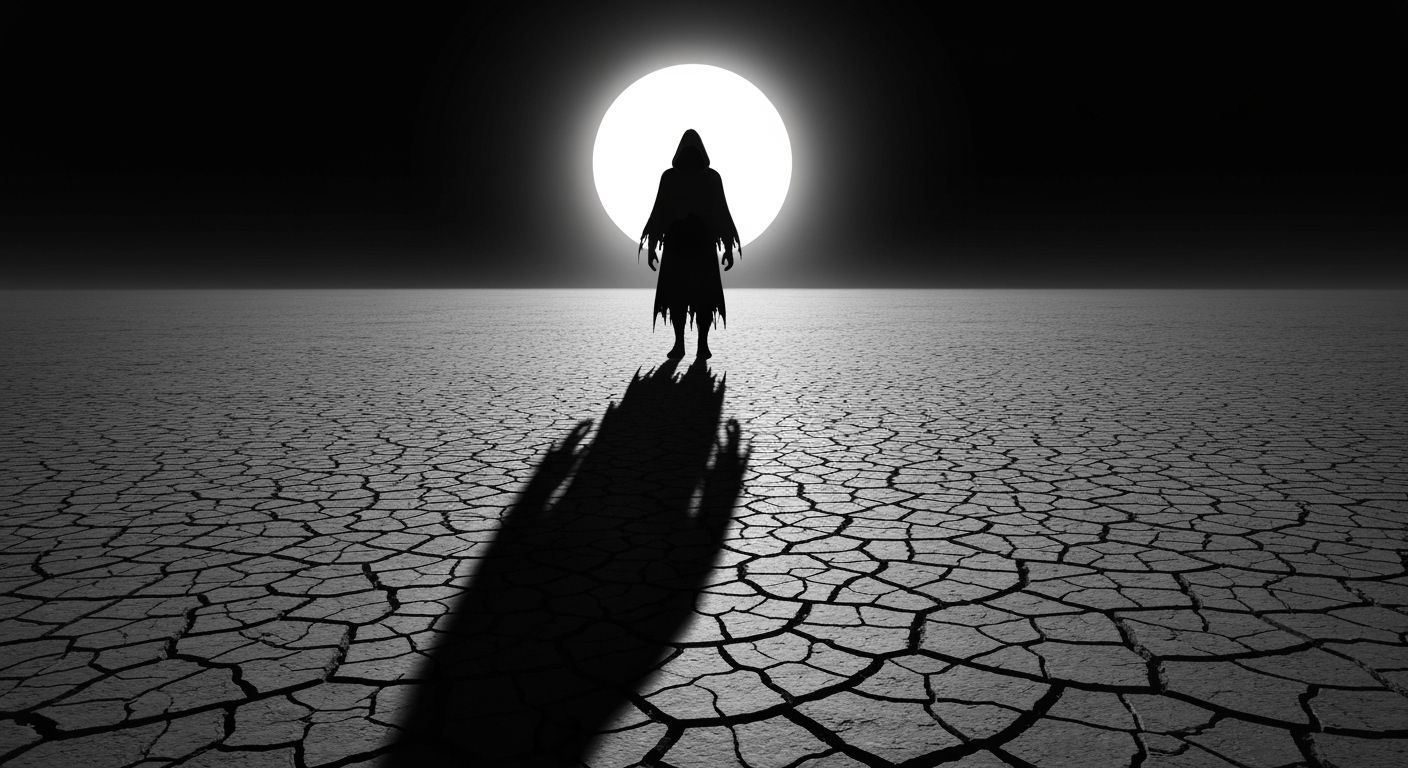 Dark Figure Under Solar Eclipse in Beksiński Style