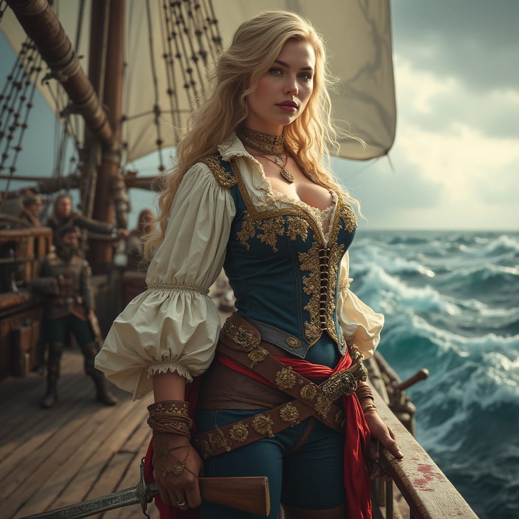 A Regal Pirate Maiden in Opulent 18th Century Attire
