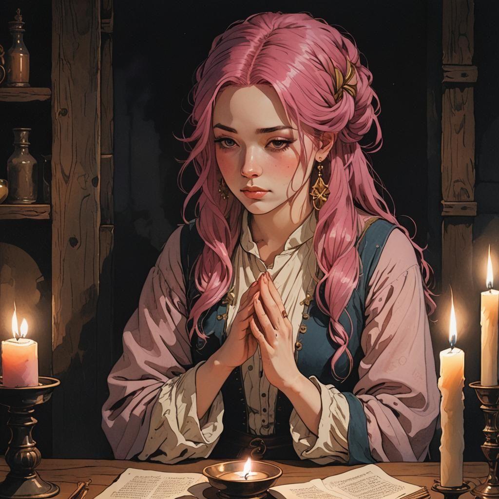 Medieval Woman Praying by Candlelight in Anime Style