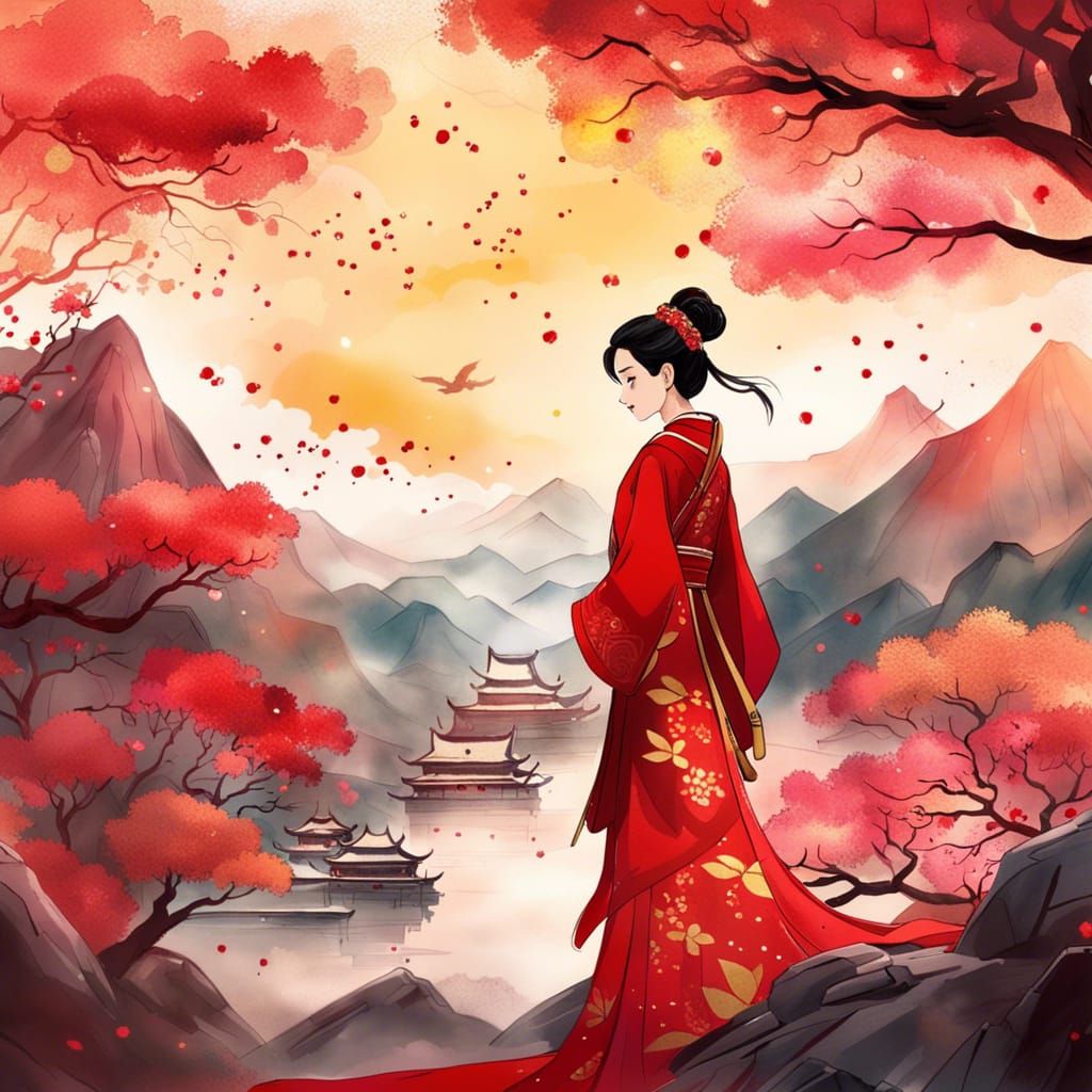 Mulan Inspired Runway Outfit with Watercolor Background