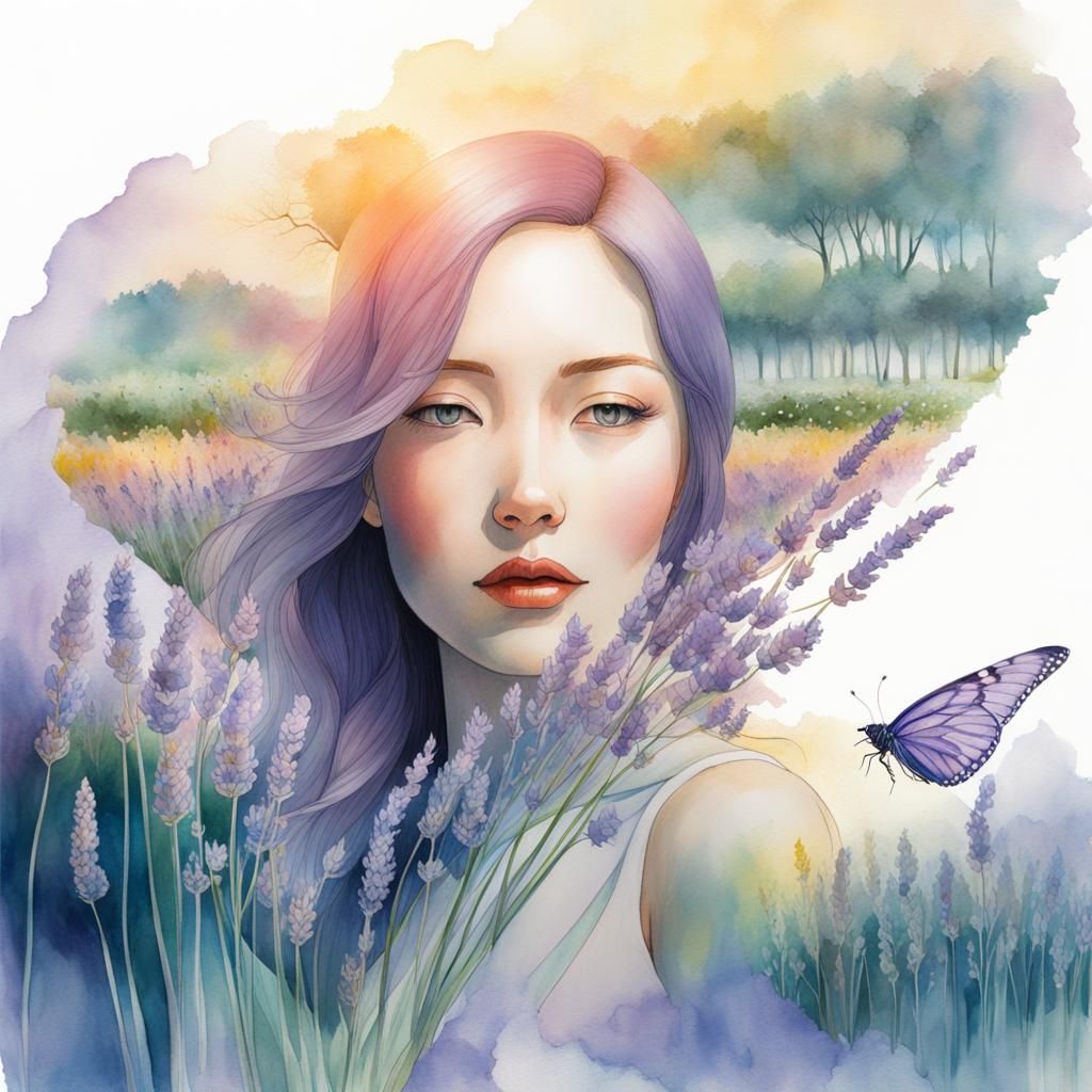 Lavender Field and Woman in Art Brut Style