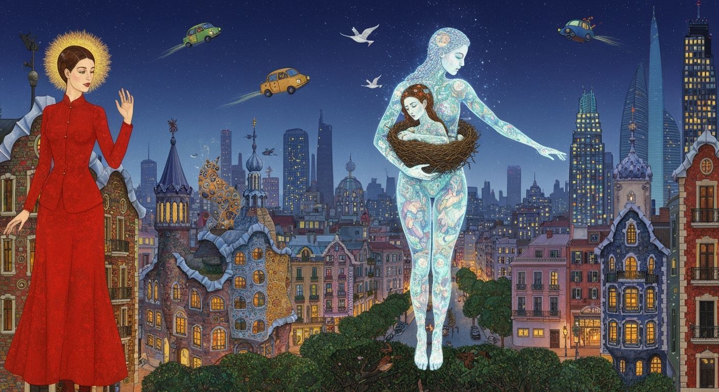 Blodeuwedd in Red Tulips: Art Nouveau Dreamscape