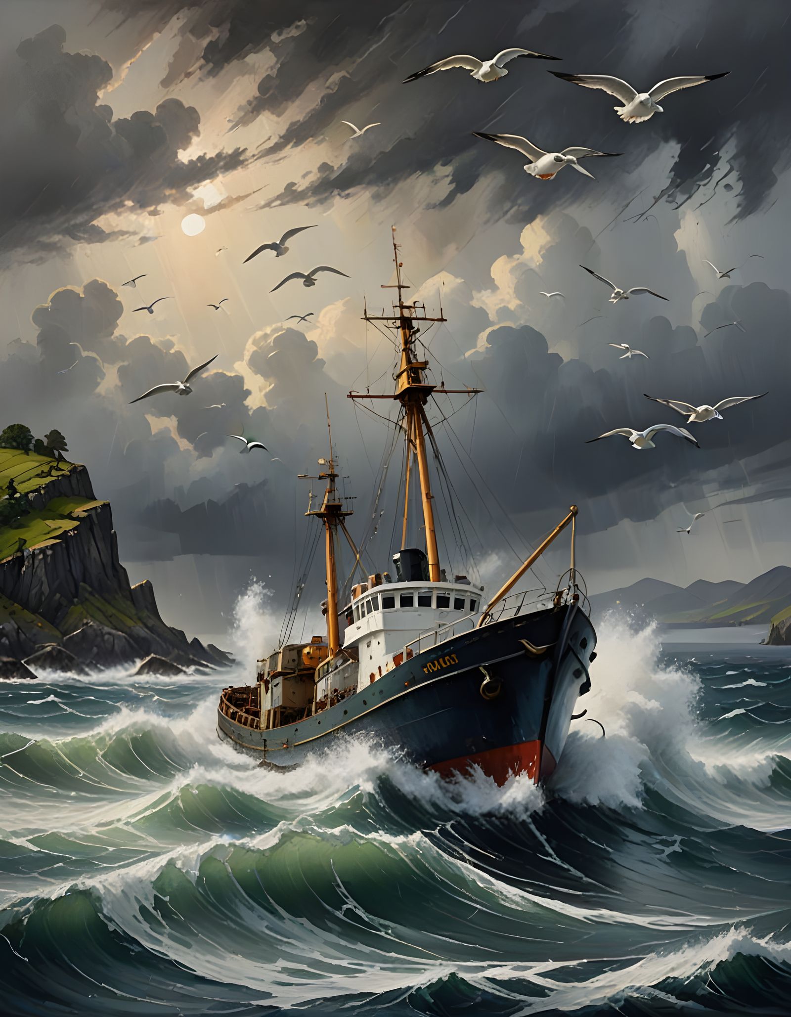 Impasto Painting of Fishing Trawler in Scottish Storm