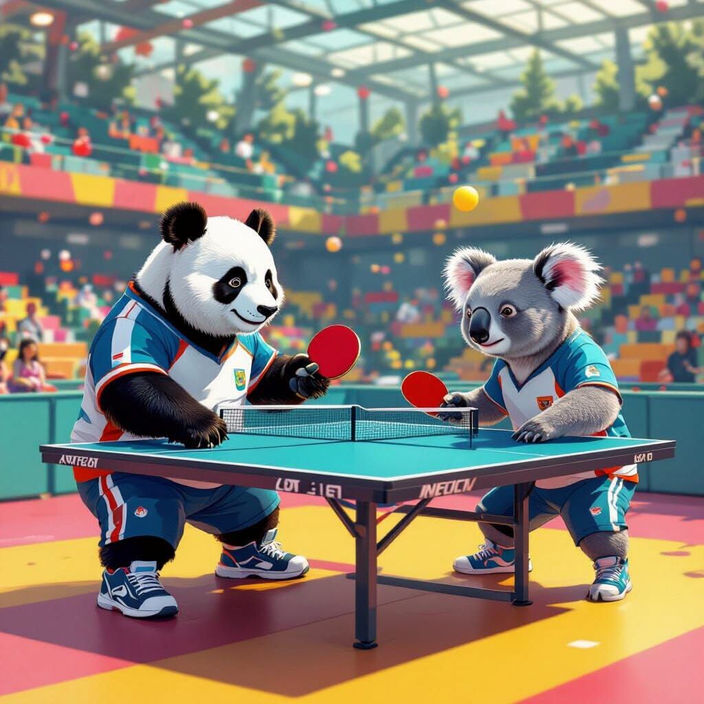 Panda and Koala Play Ping Pong in Colorful Arena
