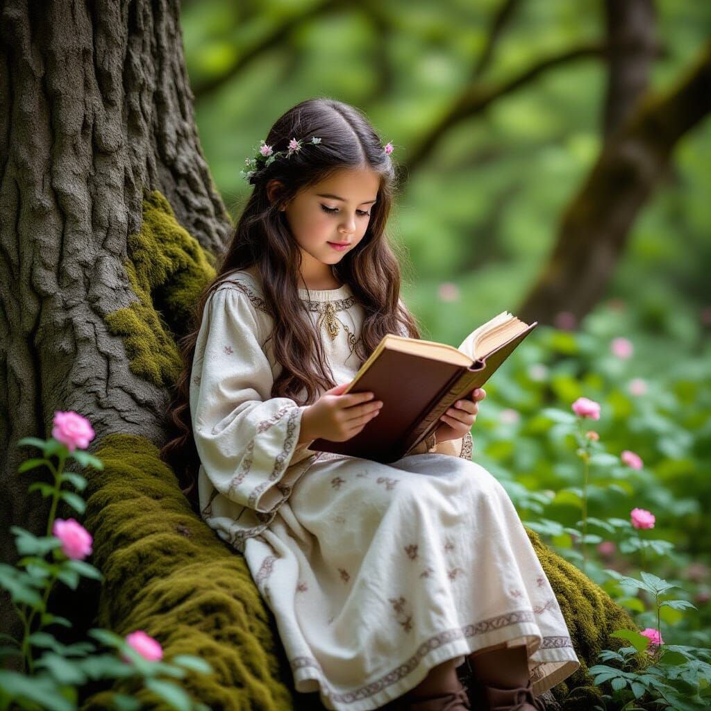 Enchanting Girl Reading in a Fairy Tale Forest