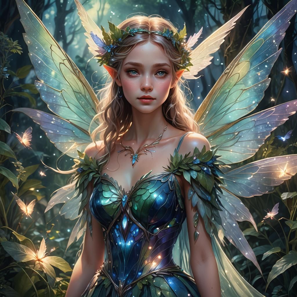 Ethereal Fairy with Iridescent Wings in Dreamy Landscape