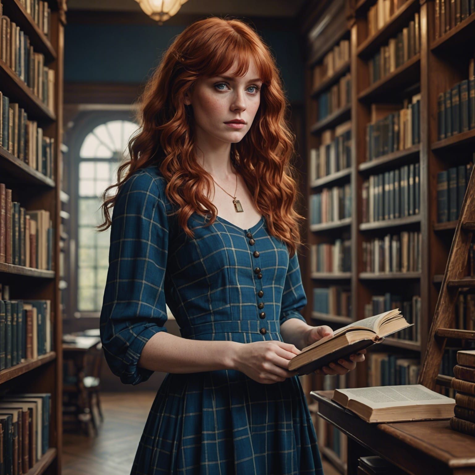 Woman Grabbing Book in Library, Detailed Matte Painting