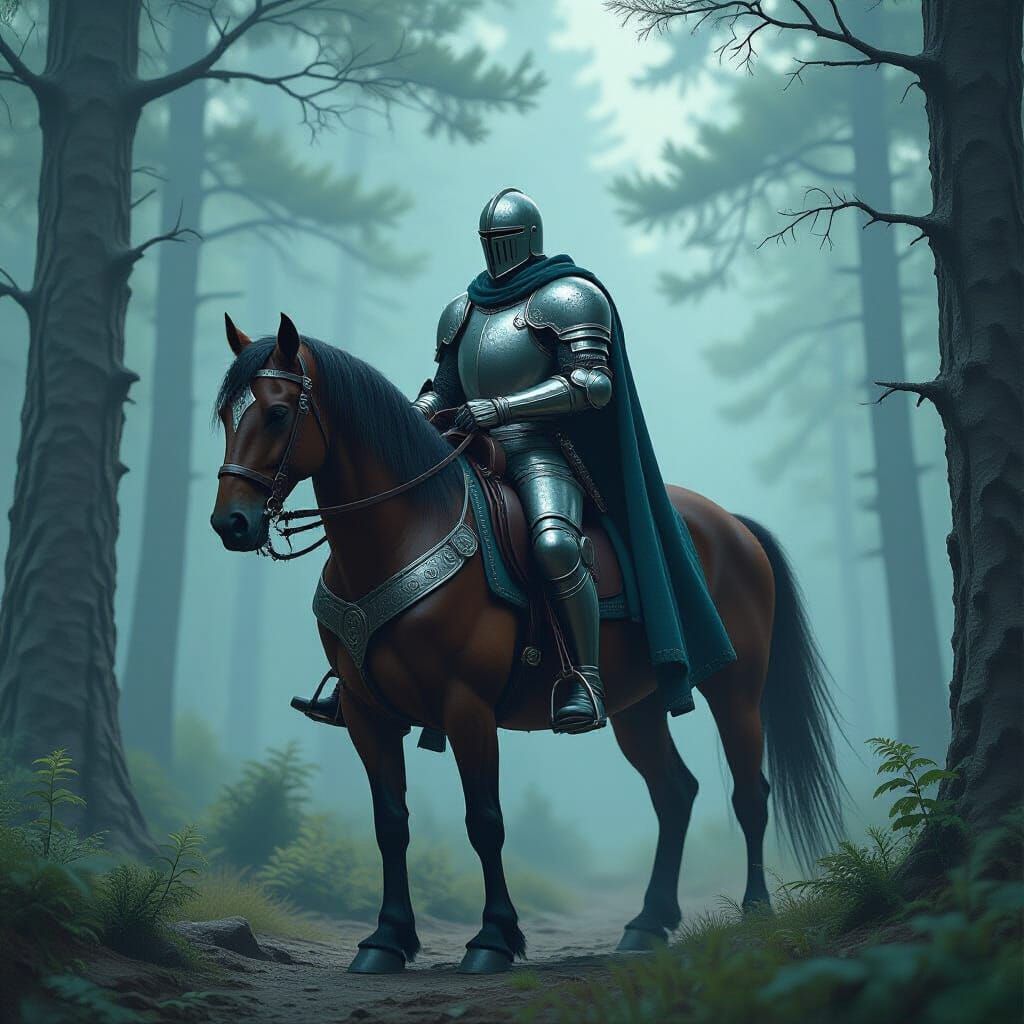 Medieval Knight in Mystical Forest, Retro-Futuristic Style