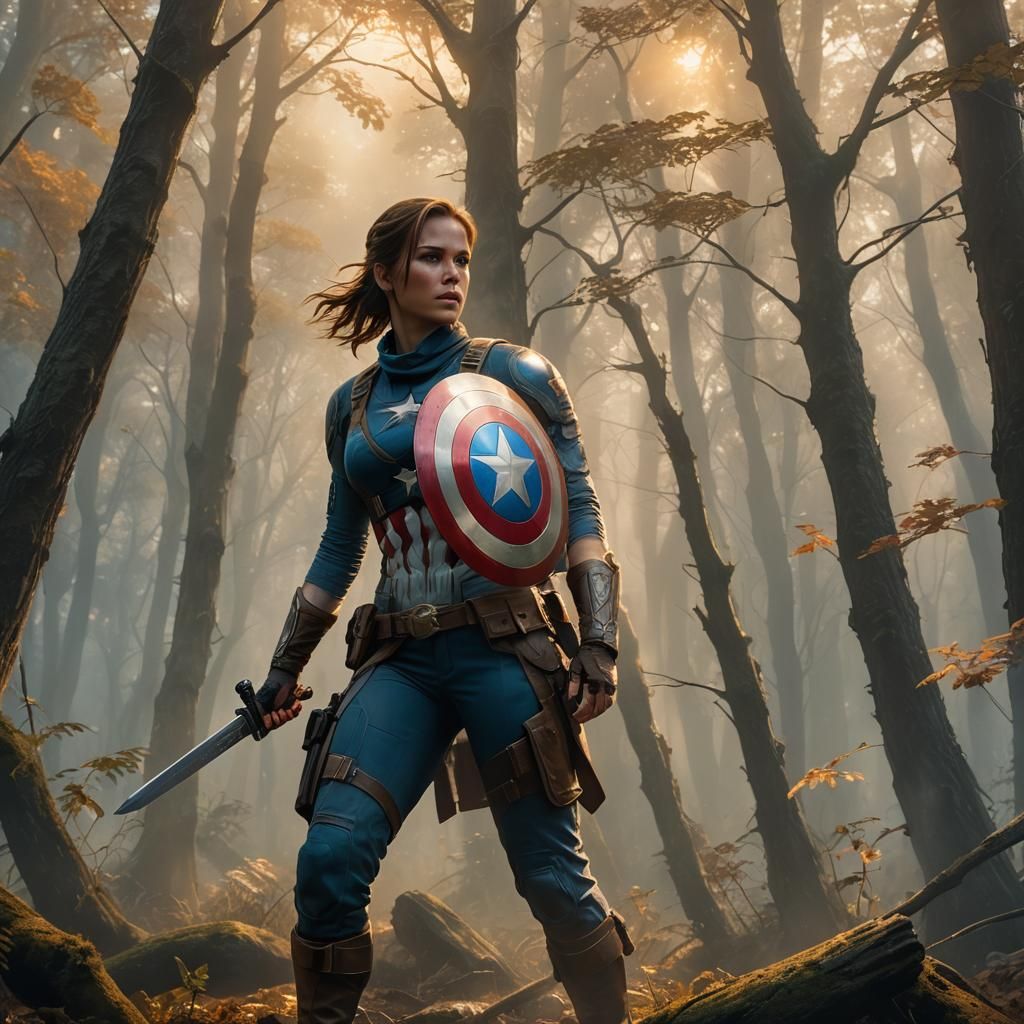 Lara Croft as Captain America in Misty Forest