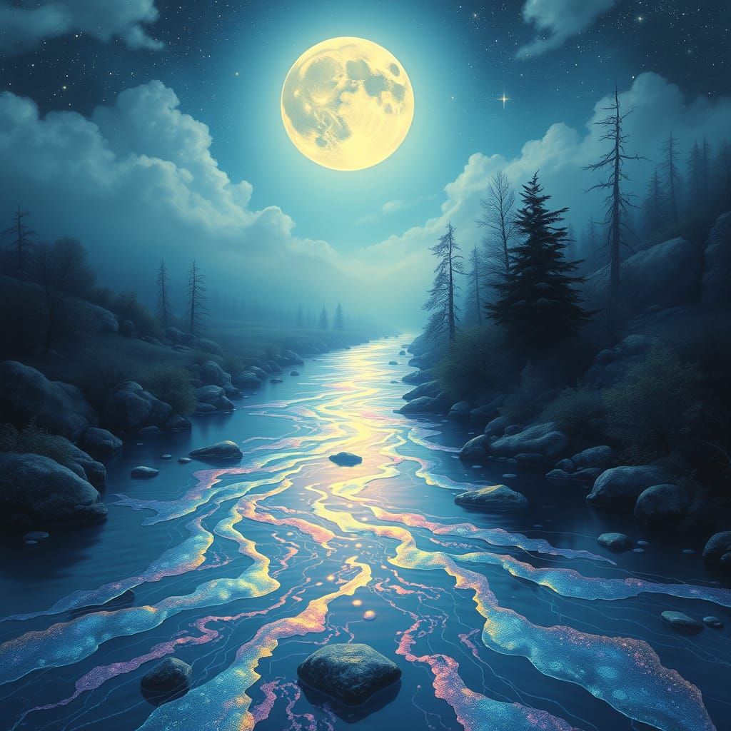 Dreamlike Moonlit River with Iridescent Colors