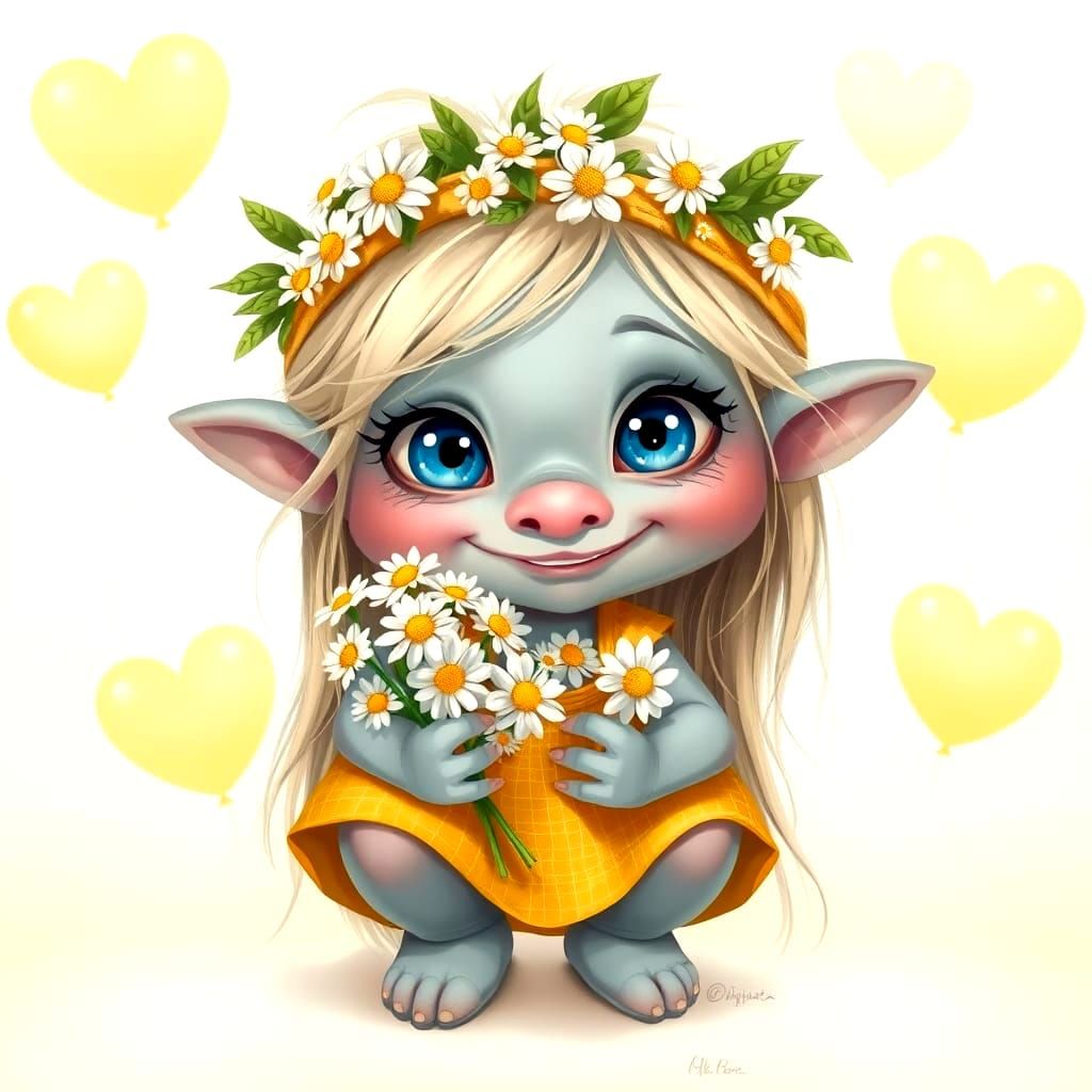 Whimsical Troll Girl with Daisies in Fantasy Art Style