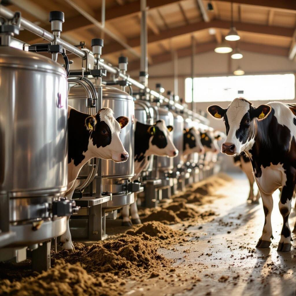 Robotic Milking Parlor with Cows in Natural Light