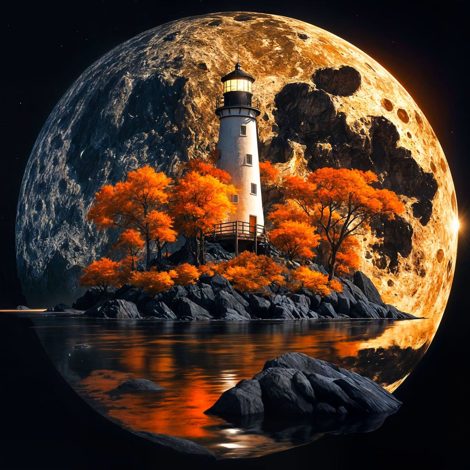 A surreal fantasy lighthouse standing on rugged black rocks,...