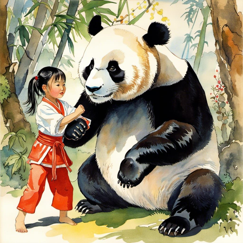 Impatient girl motivates "Master Panda" for training.