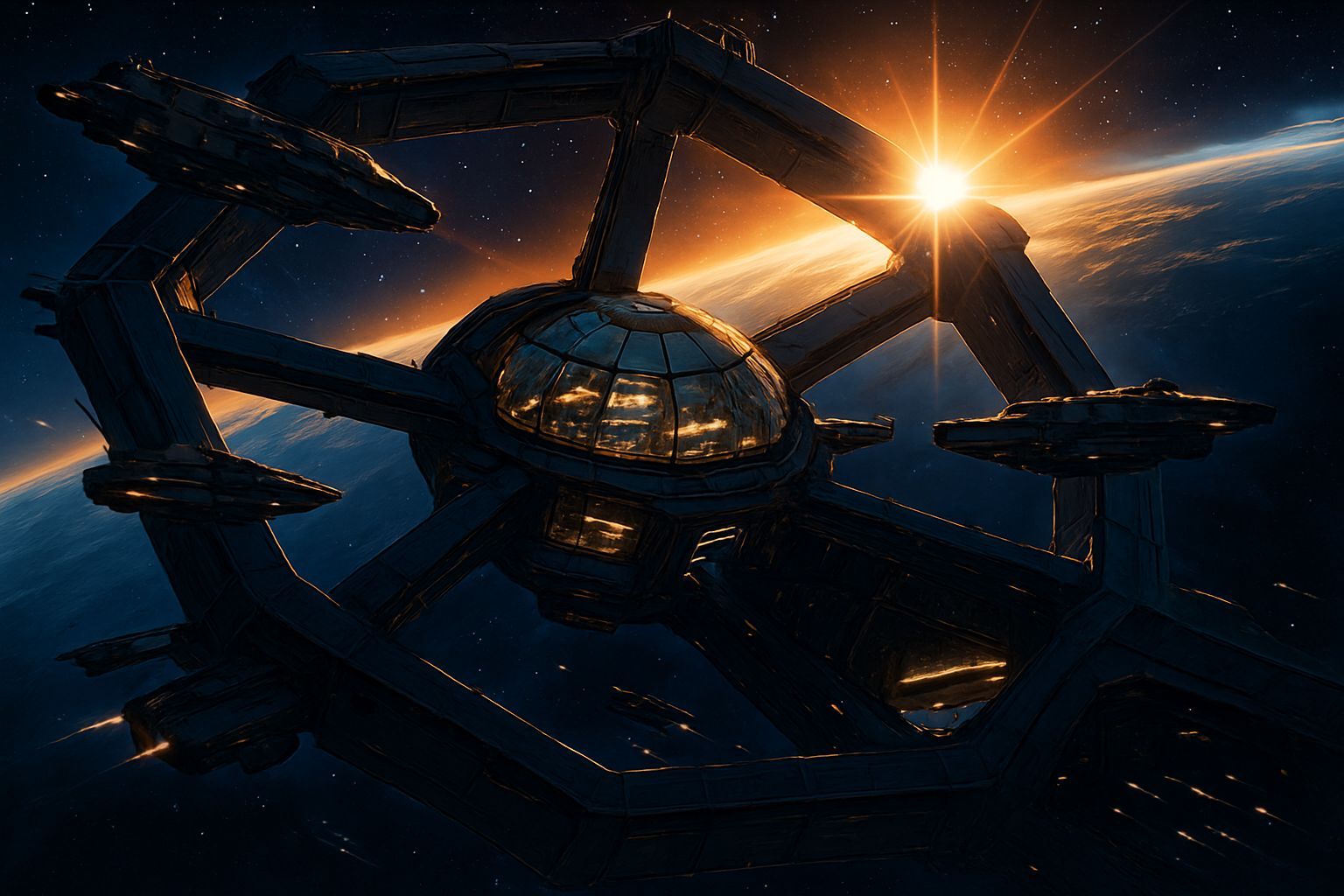 Orbital Space Station at Sunrise in Anime Realism