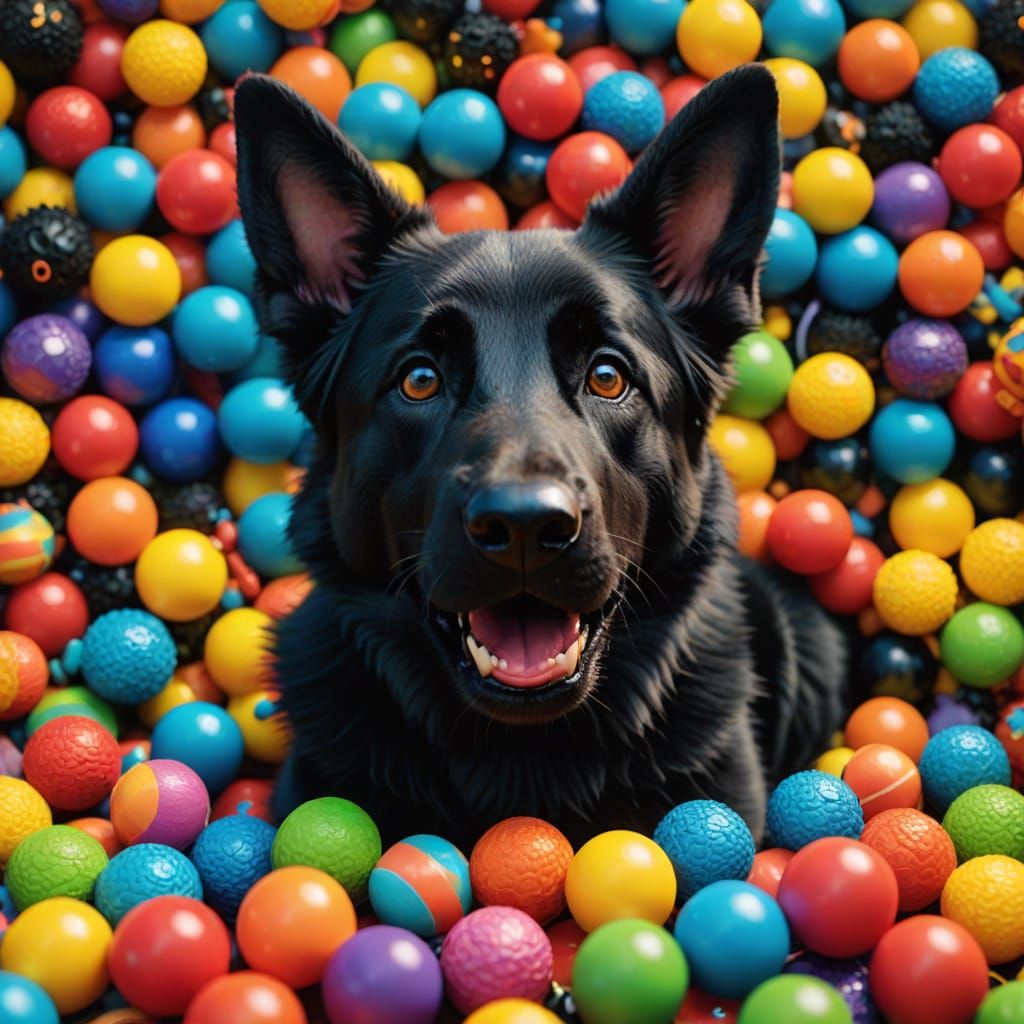 An adorable, cartoonish Black Sable German Shepherd licks it...