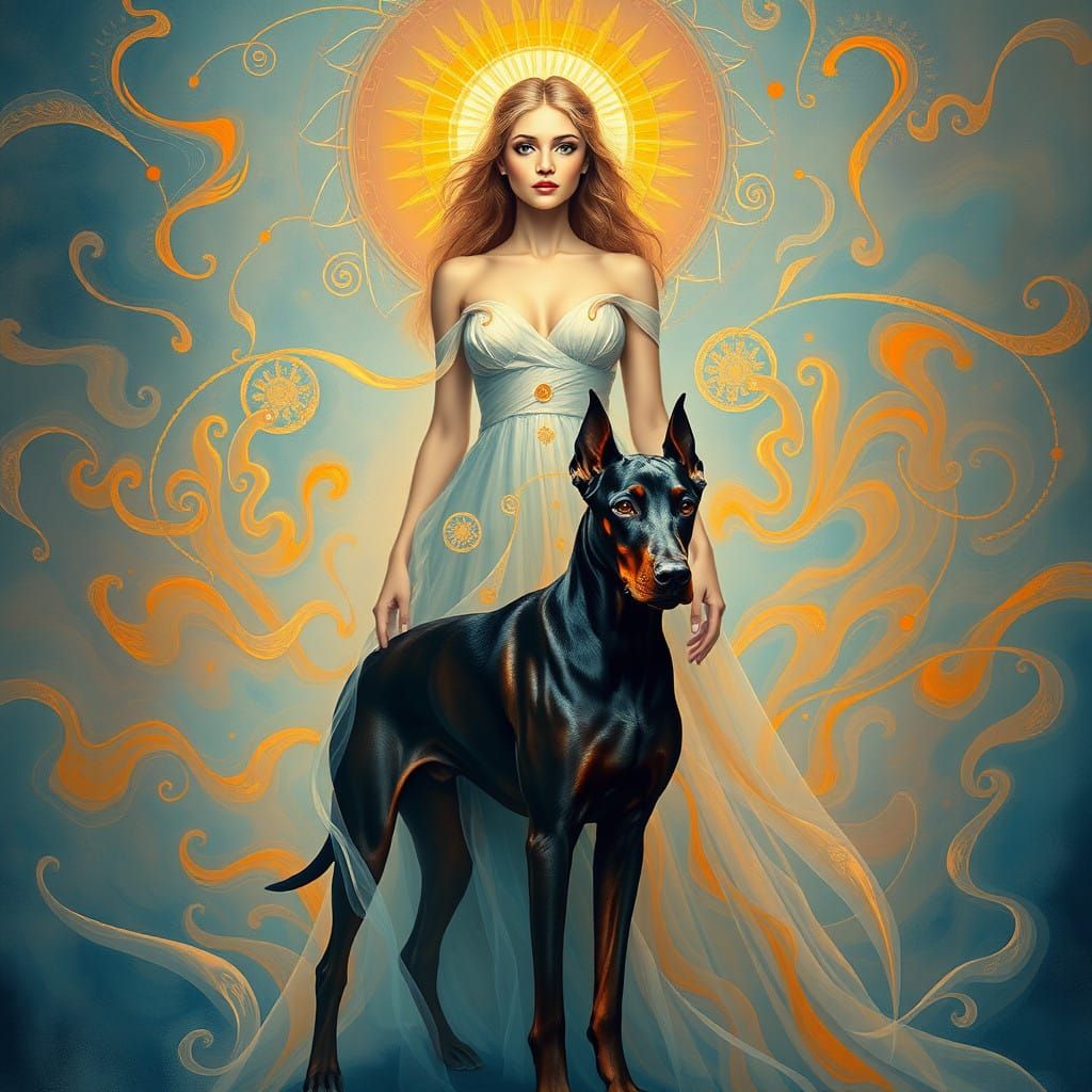 Ethereal Woman and Majestic Doberman in Vibrant Harmony