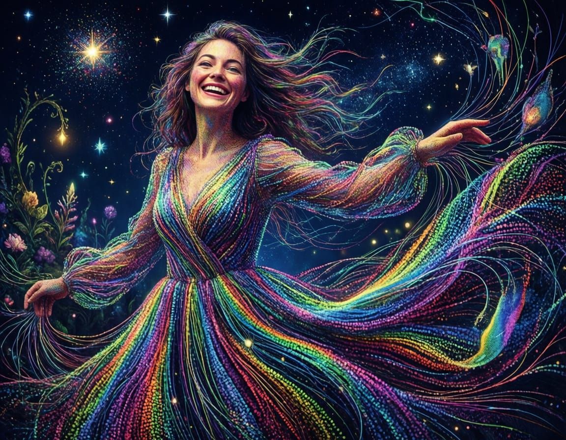 Exuberant Woman In Rainbow Dress Under Fantasy Night Sky