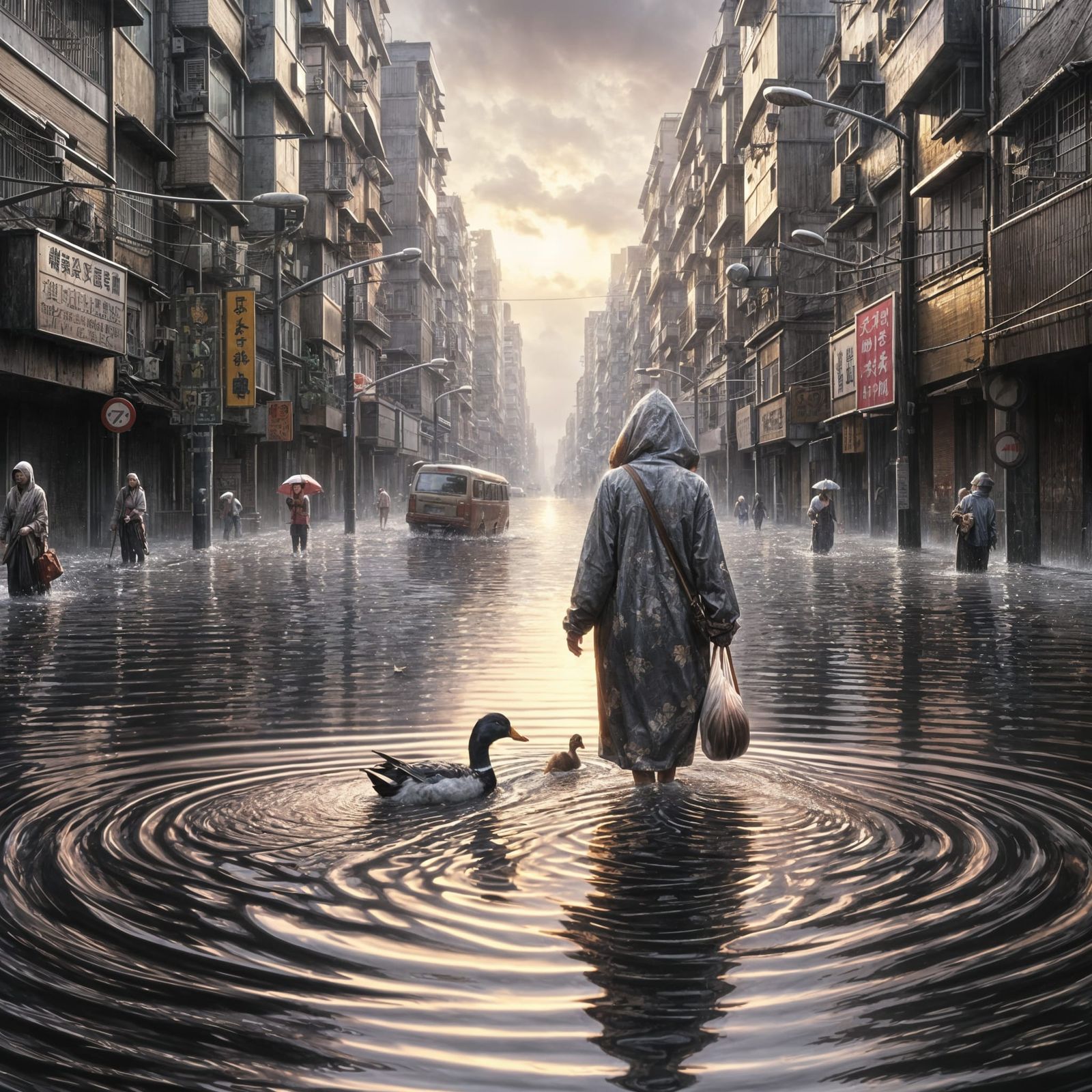 Typhoon Aftermath: Woman and Duck in Flooded Taipei