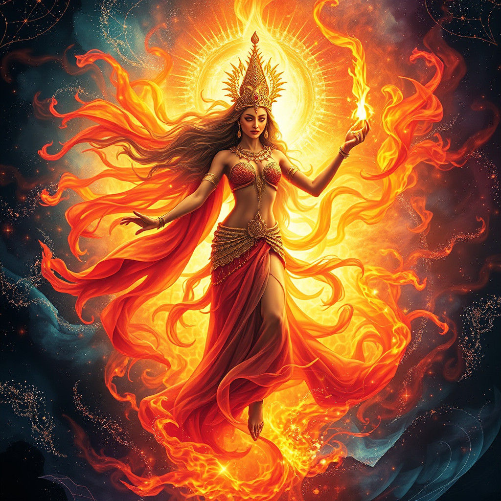 Ethereal Fire Goddess Emerging from Celestial Flames
