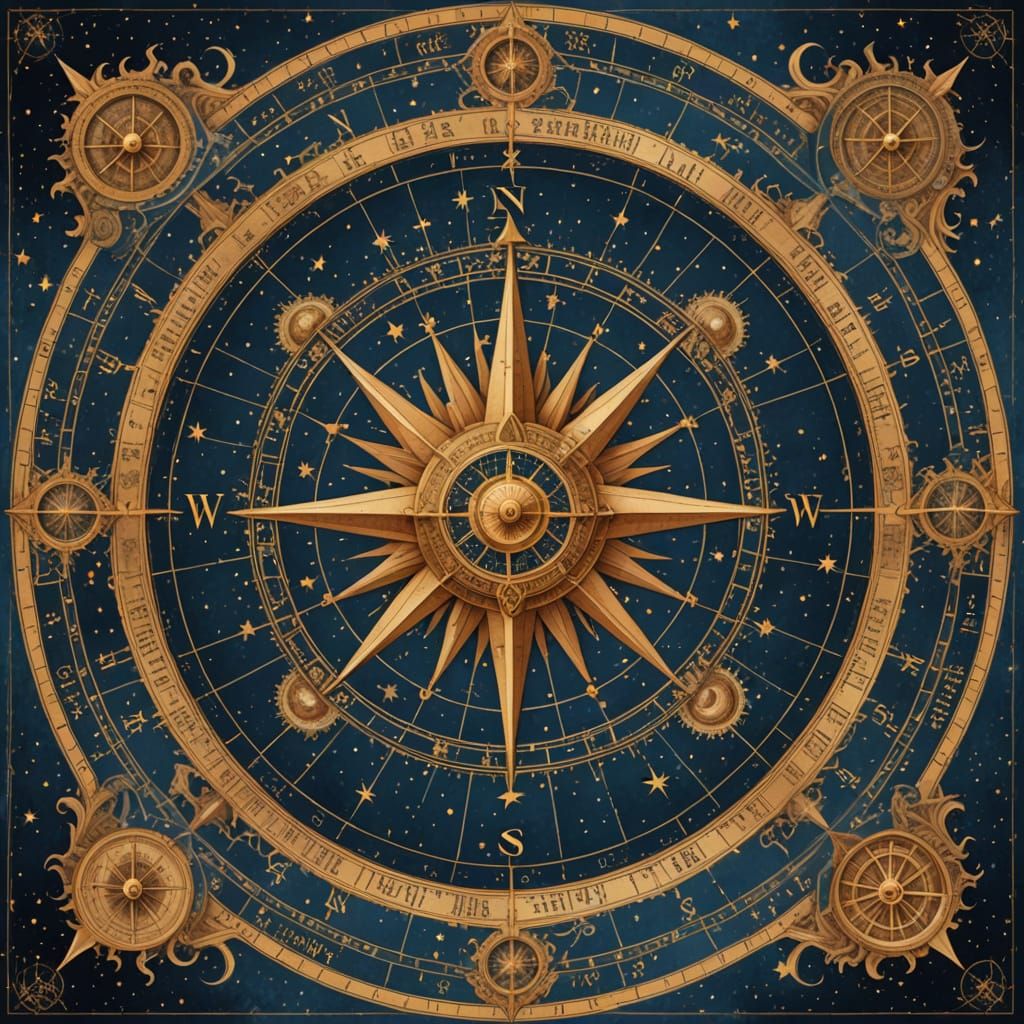 Ornate Celestial Map with Compass Rose