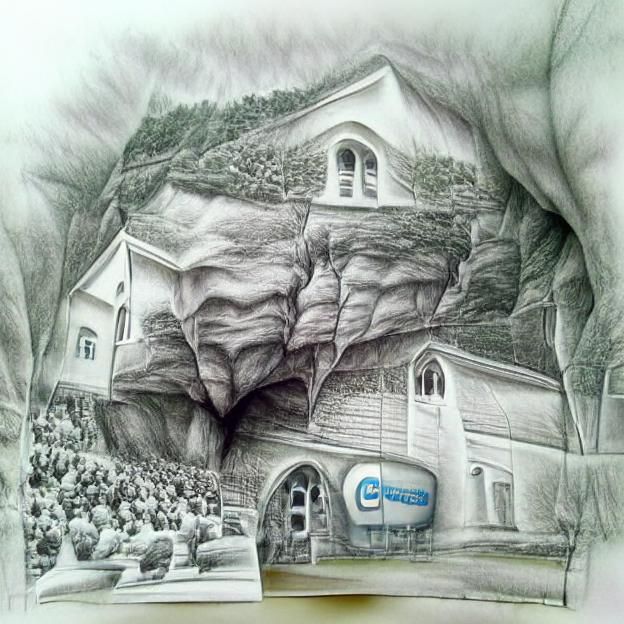 Cave Church Pencil Drawing in Photorealistic Style