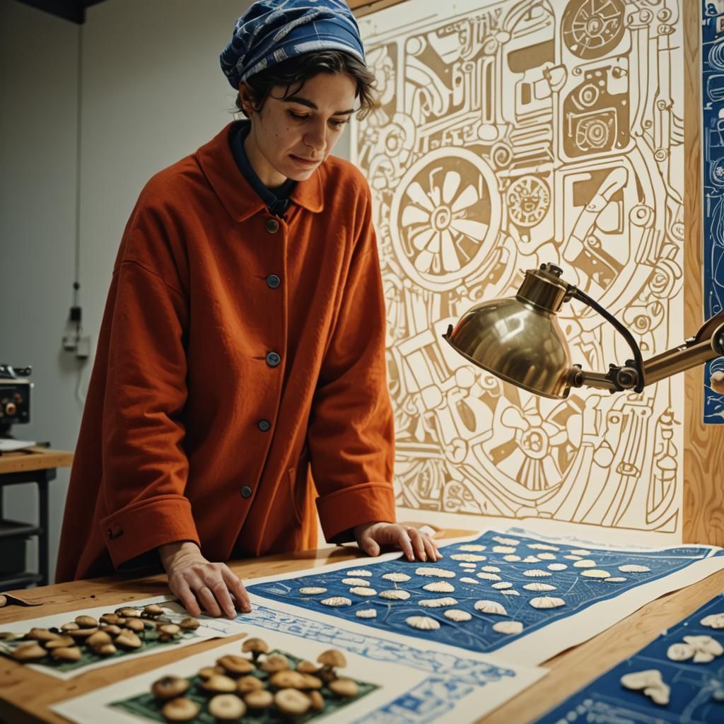 Activists and Twinkling Mushrooms in Linocut Style