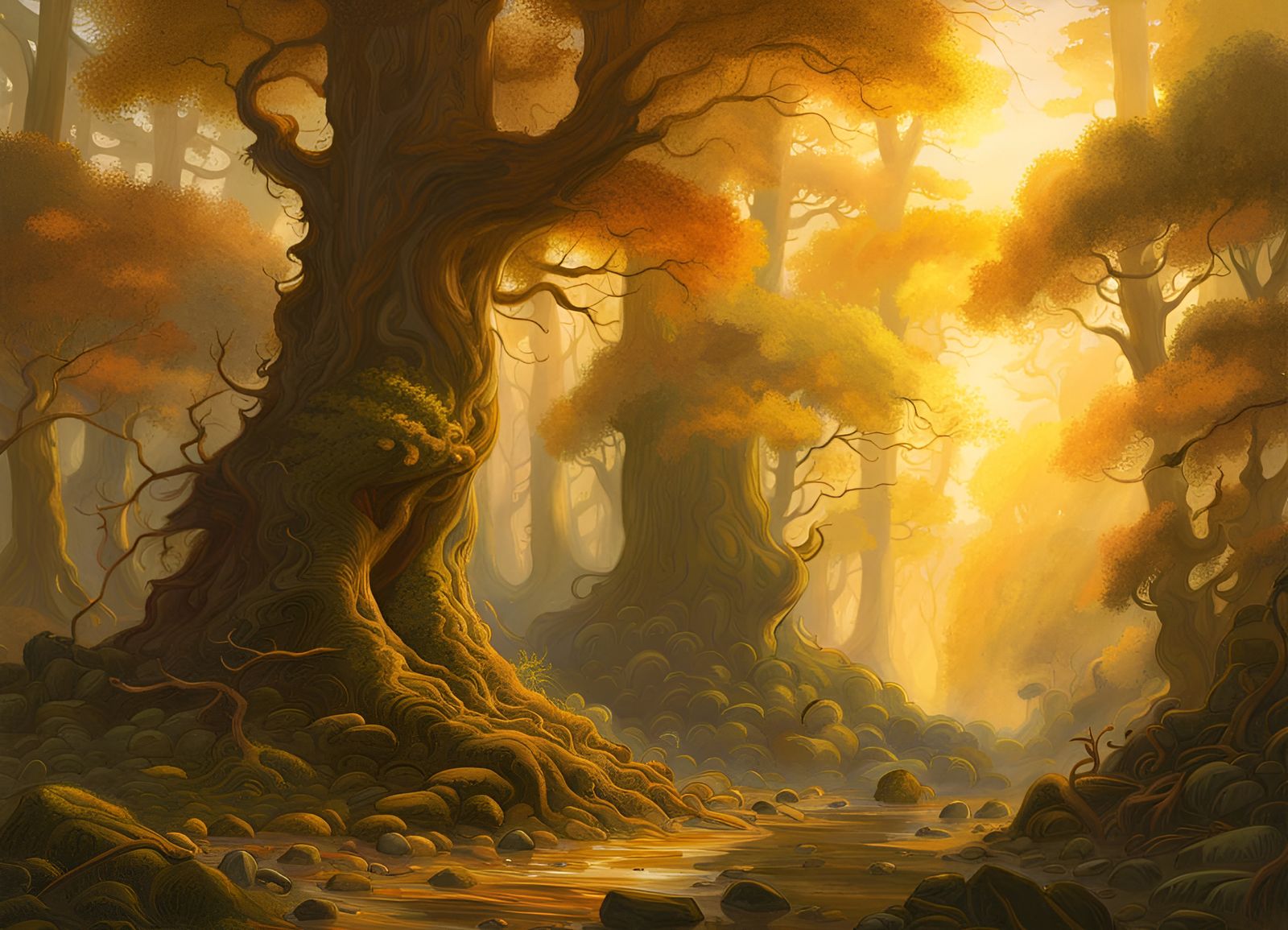 Golden Hour Forest Painting in Academic Style