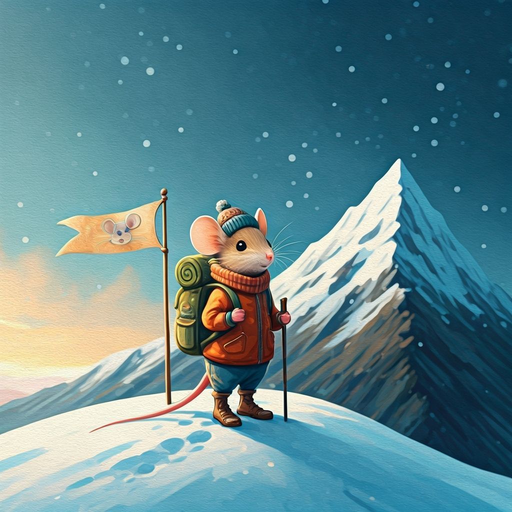 Whimsical Mouse Climbs Snowy Mountain