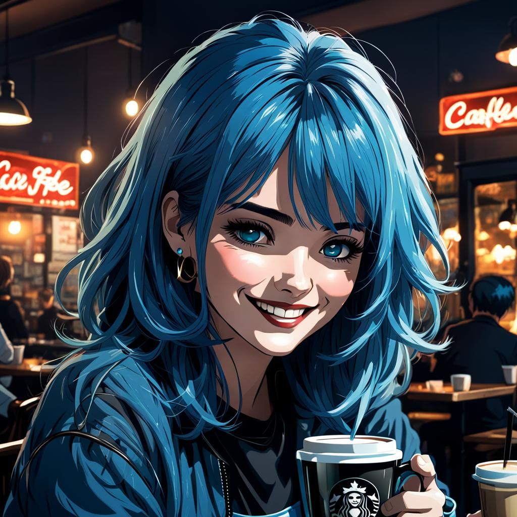 80s Anime Girl Smiling in Dimly Lit Cafe