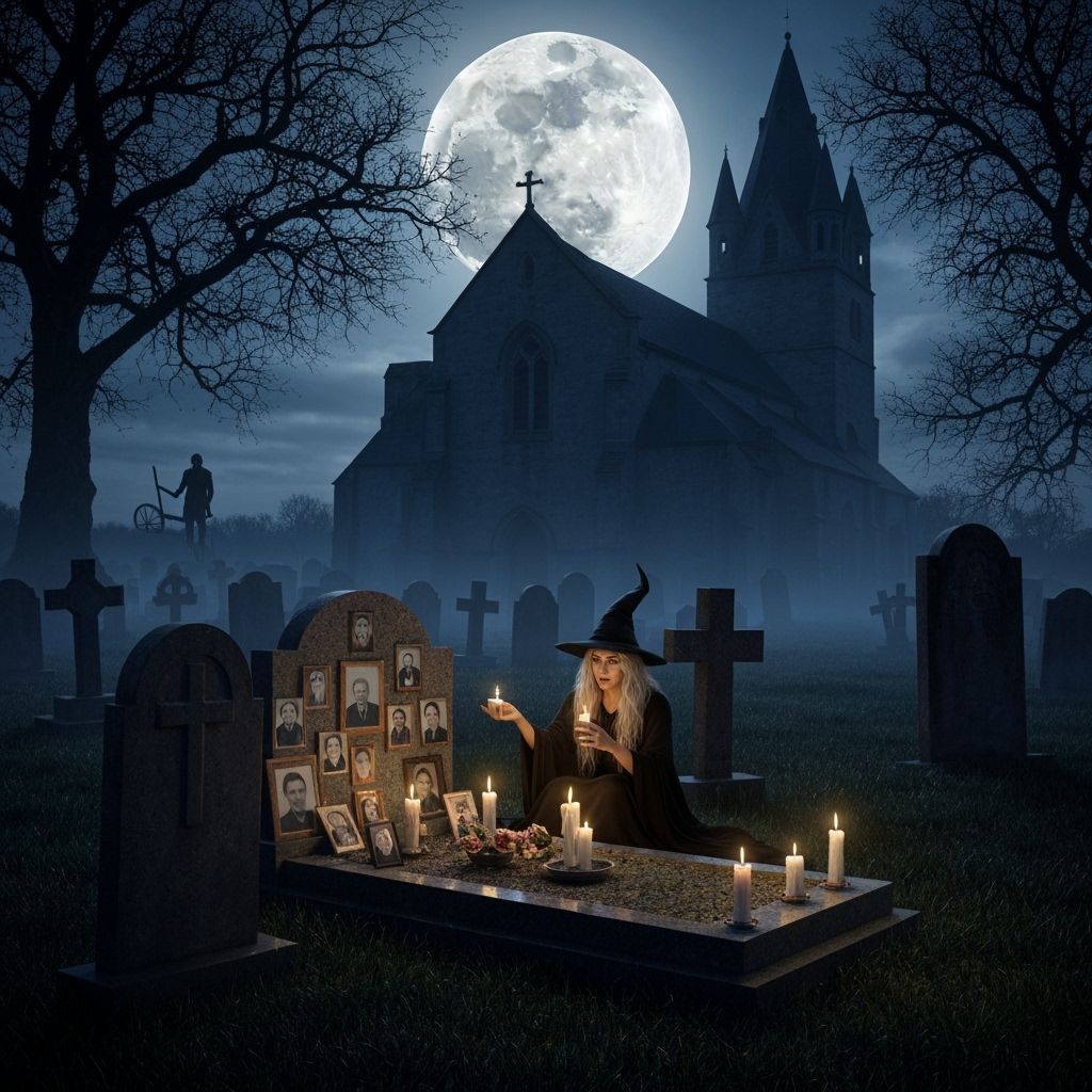 Witch in Graveyard Under Full Moon, Spirits Rise