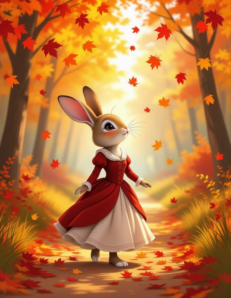 Anthropomorphic Rabbit Enjoys Autumn Forest Stroll