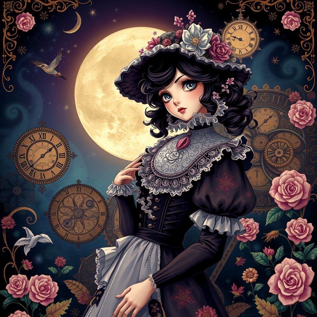 Victorian Woman in Ethereal, Fantastical Moonlight