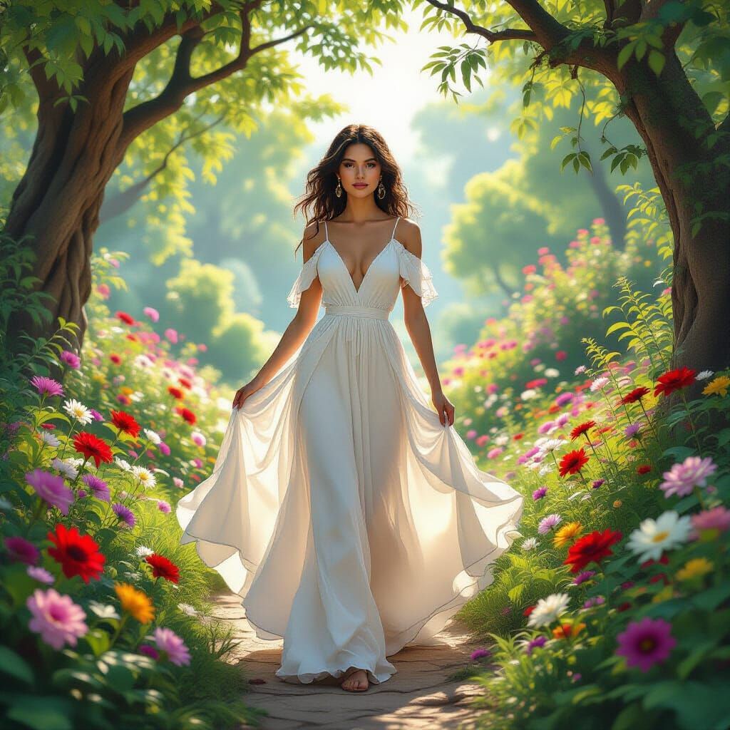 Serene Woman in an Enchanted Garden Oasis