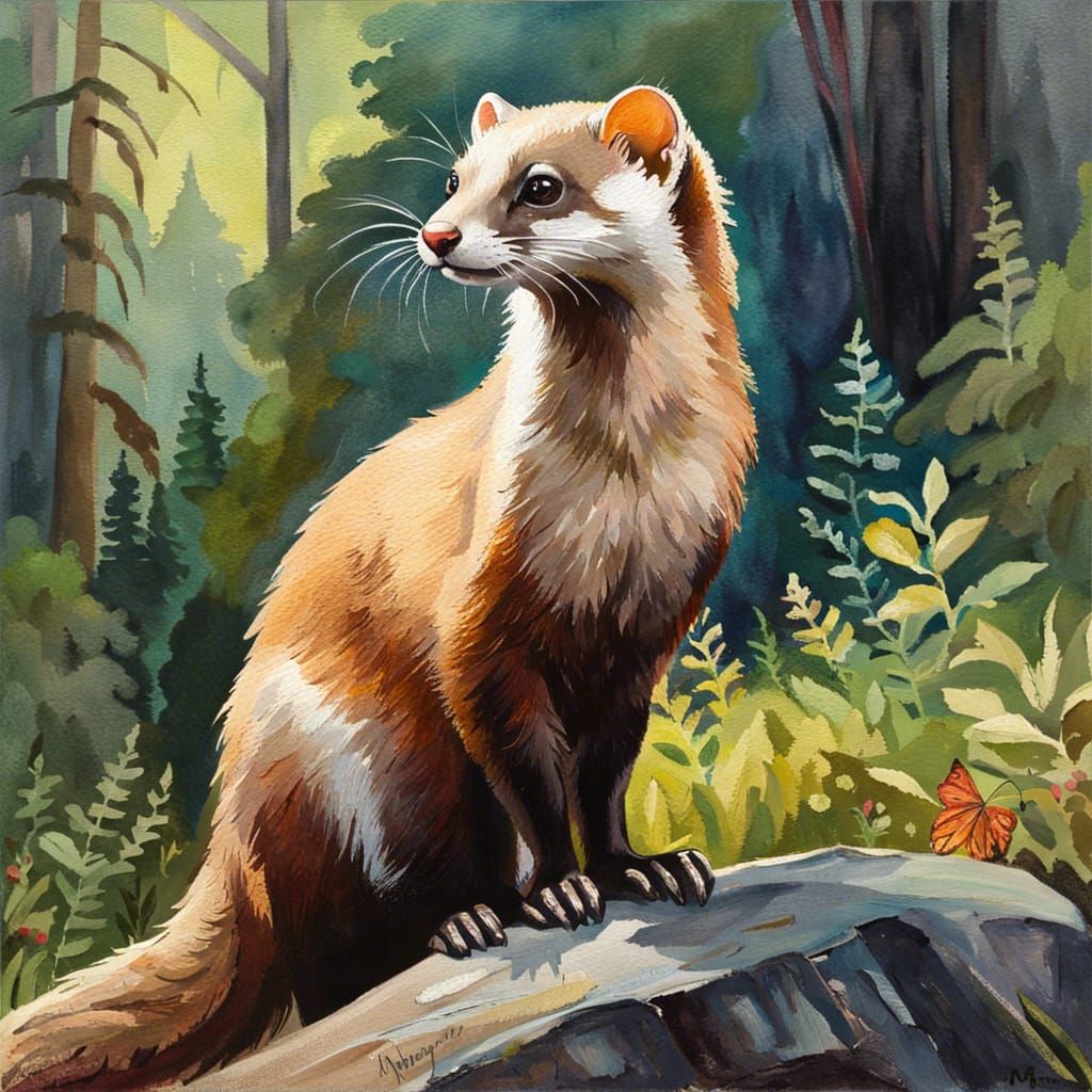 Weasel in Forest: Gouache Watercolor Impressionist Painting