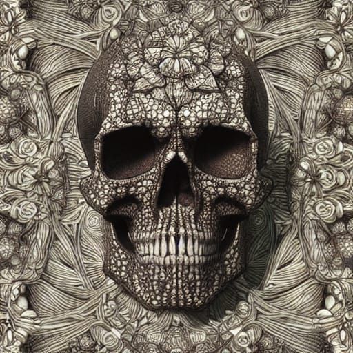 Skull in Field of Flowers: Hyper-realistic Cosmic Art