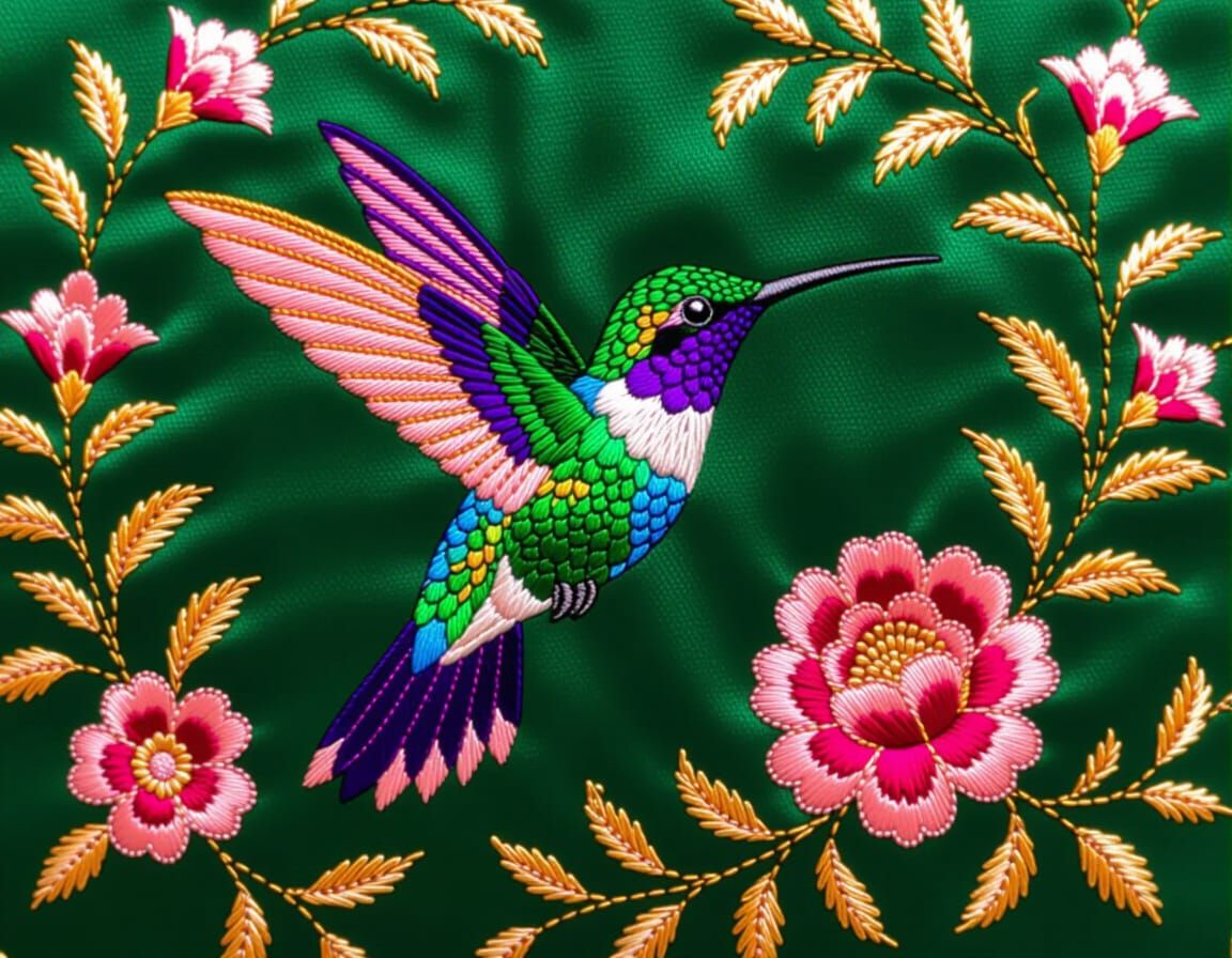 Vibrant Hummingbird Embroidery in Zardozi Style