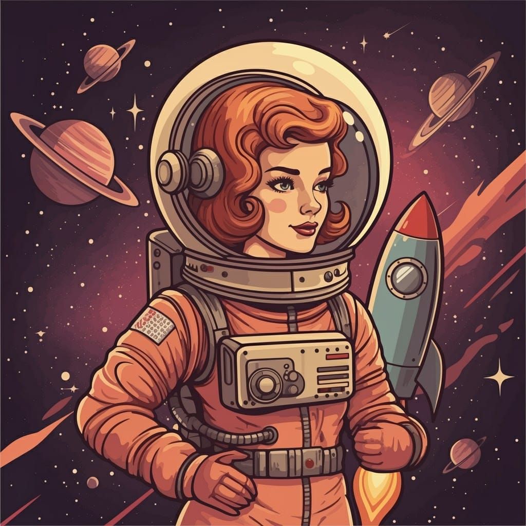 Retro Rocket Girl Illustration in Space