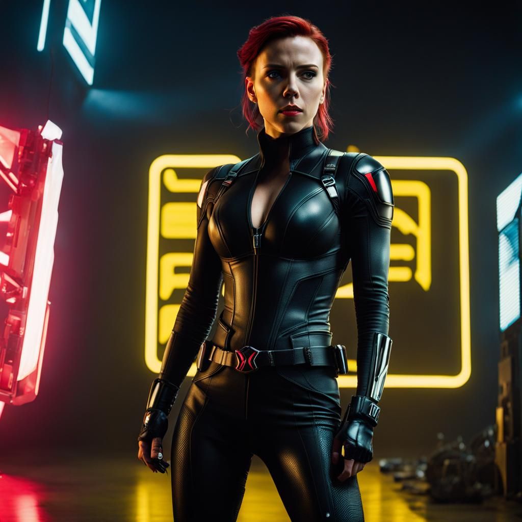 Cyberpunk Black Widow in Neon Cityscape