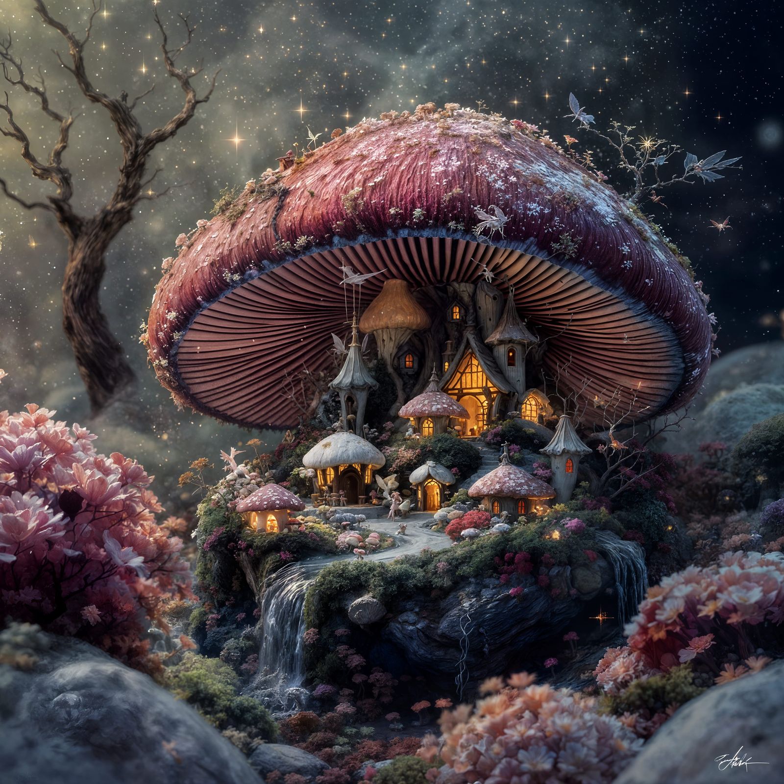 Miniature Village Inside Mushroom, Digital Watercolor