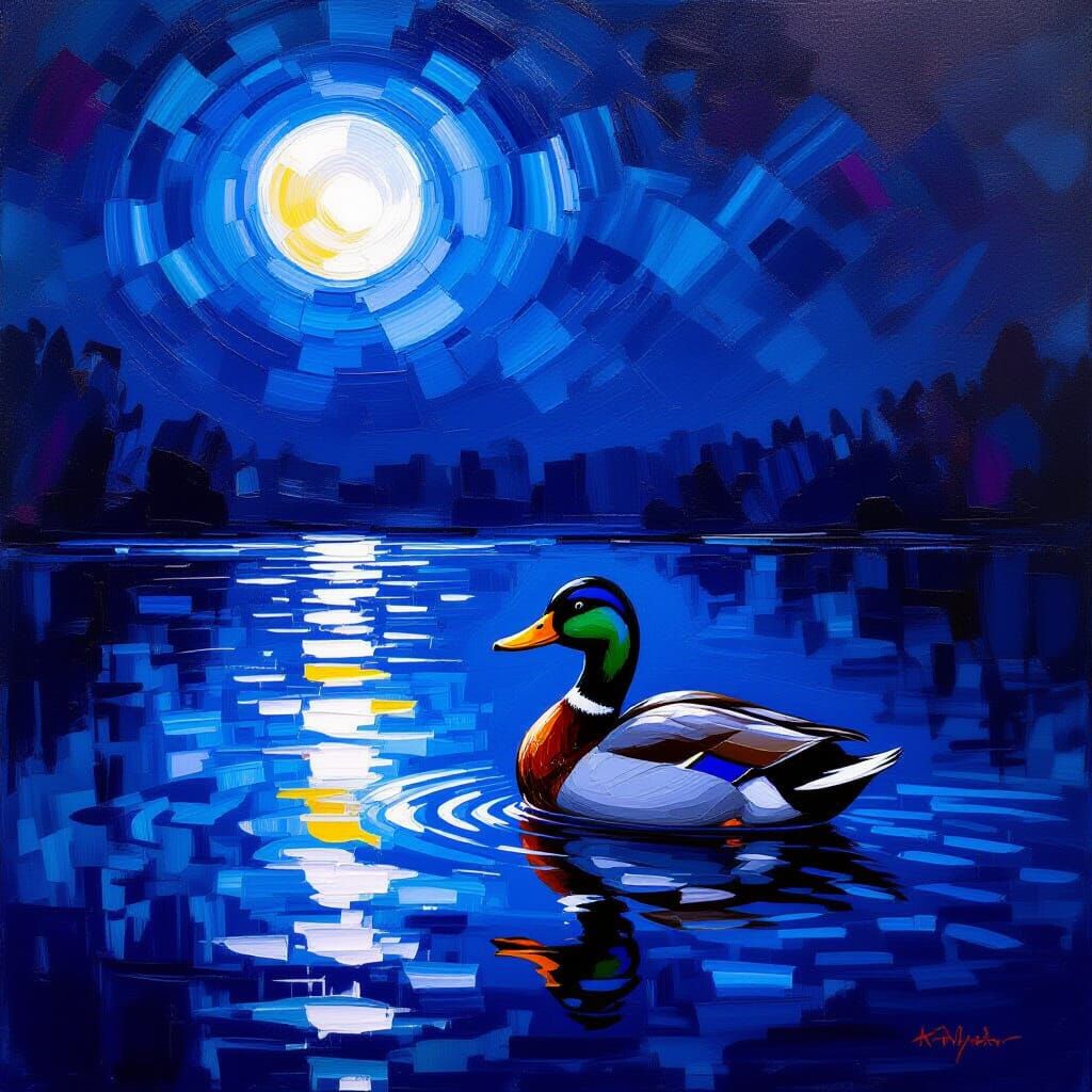 Moonlit Duck on Pond with Neon Highlights