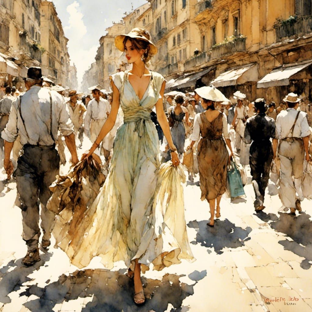 Woman in Sun Dress Walking Rome Street