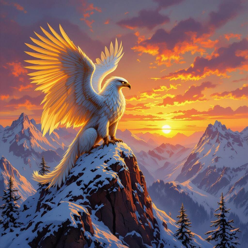 Griffin Perched on Snow Peak at Sunset in Oil Painting Style