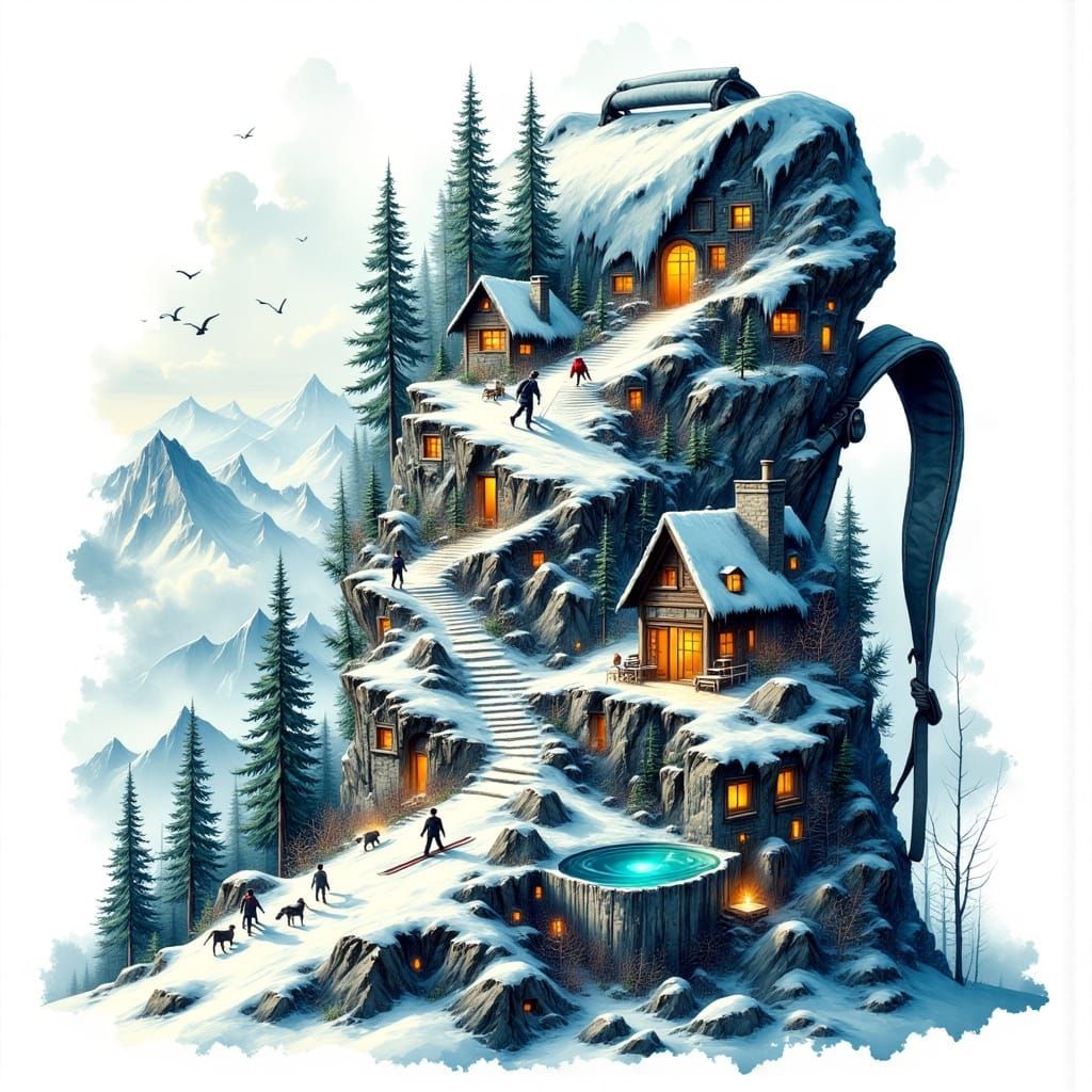 Snowy Mountain Landscape Spilling From Backpack