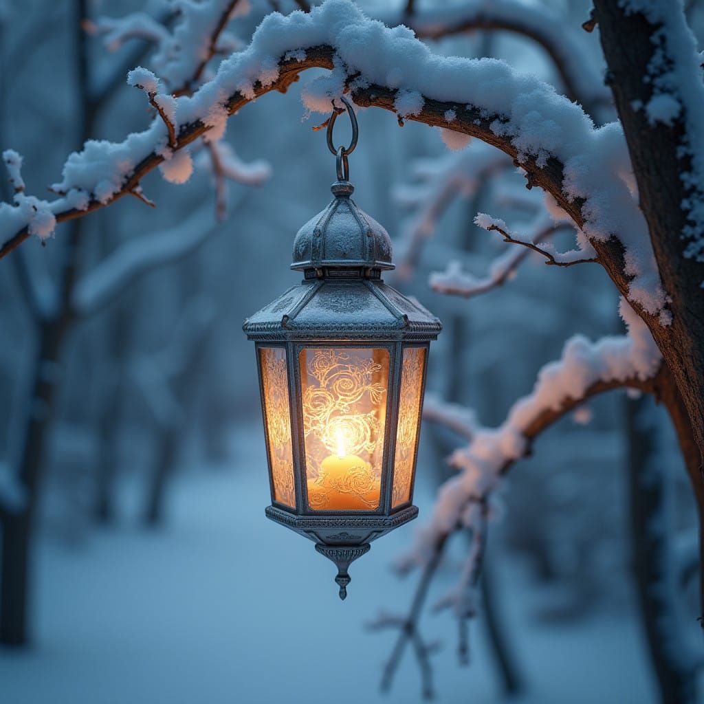 Frosted Winter Lantern in Ethereal Snowscape